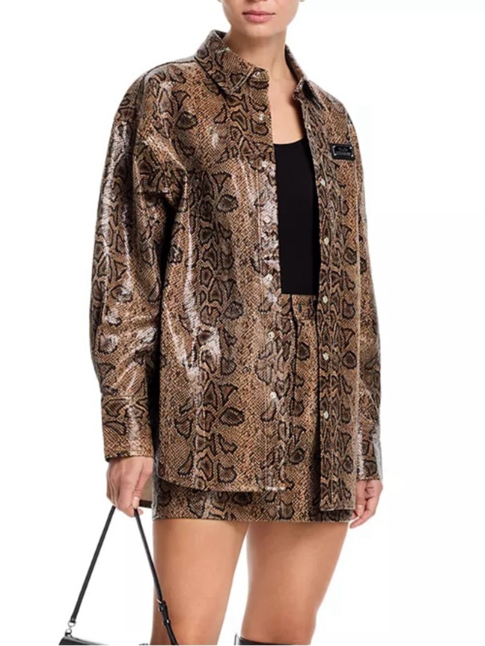 Brown Snakeskin Faux Leather Shirt Jacket and Mini Skirt